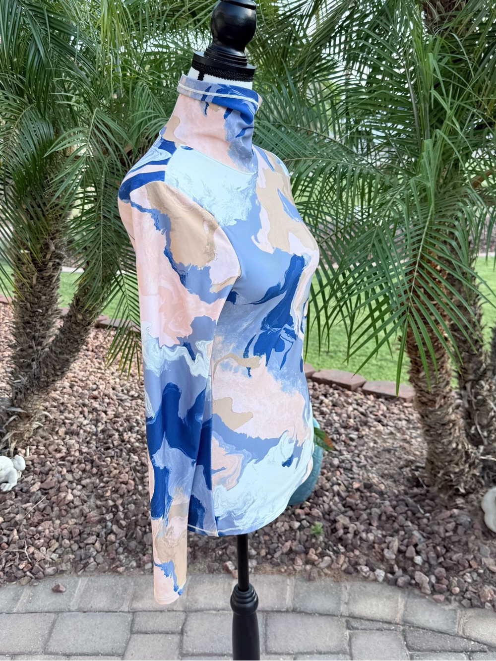 DSG Marble-Print Turtleneck Top in Blue, Peach, Cream Women’s Size S - NWT